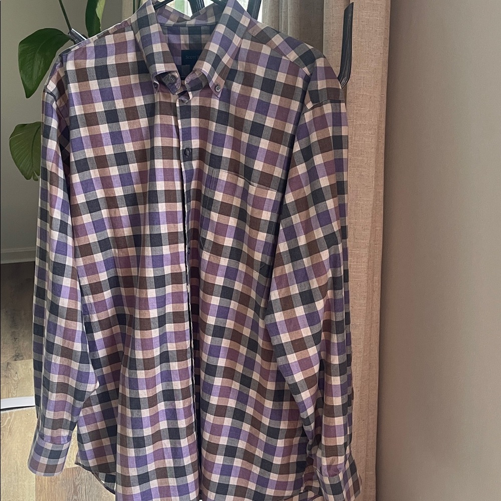 Scott Barber Men's Purple Tan and GreyPlaid Button Down Cotton Shirt SizeXL